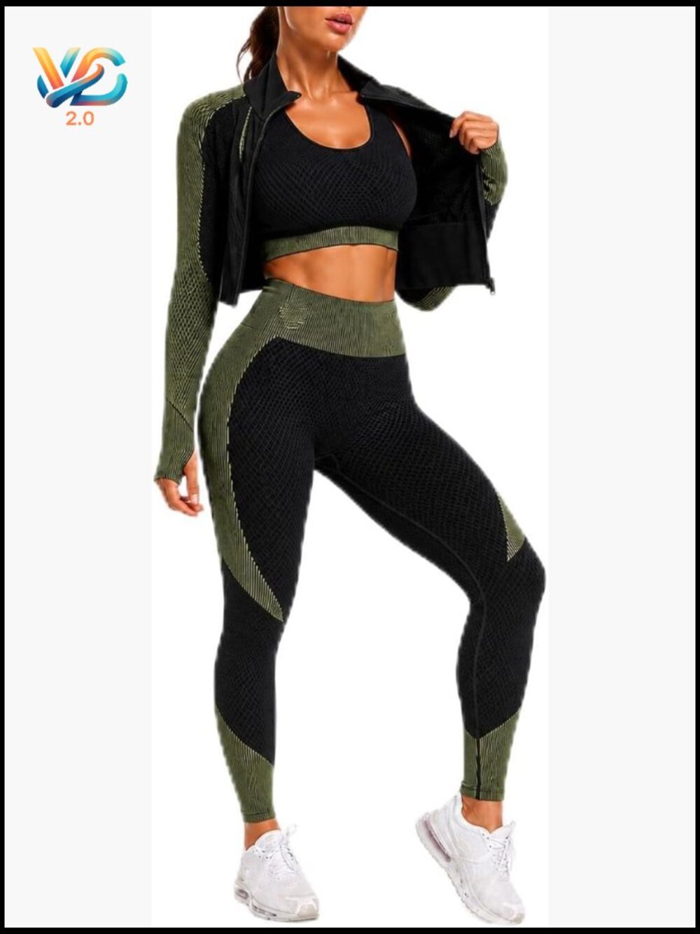 3 Piece Zip Up Jacket Bra Leggings Workout Set Seamless Gym Tracksuit
